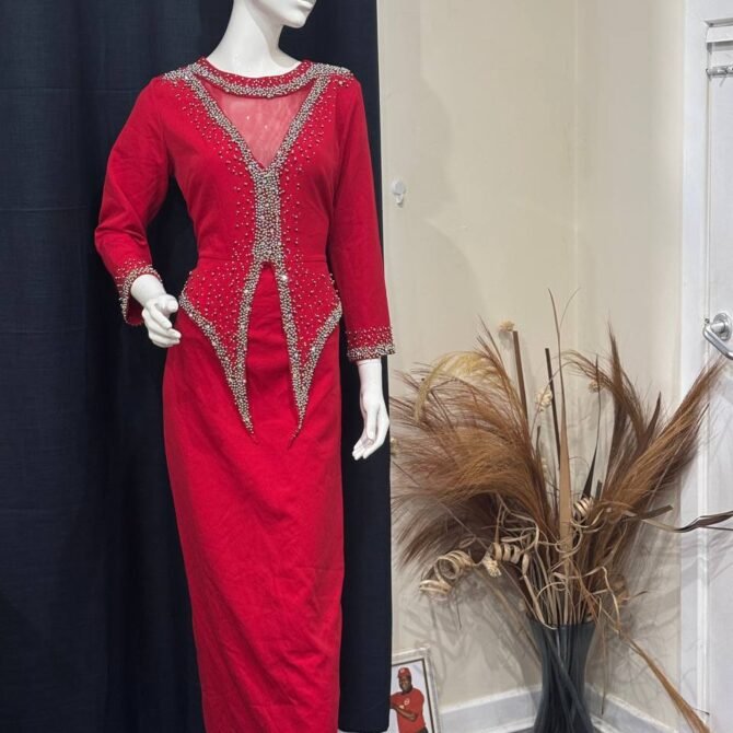 Long Red Party Beaded Dress
